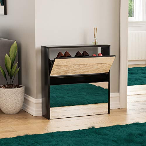 Vida Designs Welham 2 Drawer Mirrored Shoe Cabinet, Hallway Cupboard Storage Organiser, Footwear Stand Rack, Wood Sideboard Unit, Black