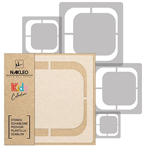 NAKLEO Schablonen Malen für Kinderzimmer, 5 Stück Set 9x9 bis 34x34cm Abgerundet Quadratisch Retro, Wiederverwendbare Kunststoff Malvorlage Raumdekoration, Basteln DIY Wand Möbel Papier Stoff
