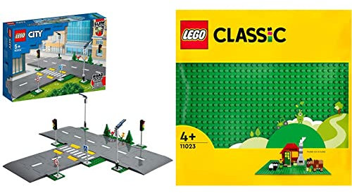 LEGO 60304 City Road Plates Building Set with Traffic Lights, Trees and Glow in the Dark Bricks & 11023 Classic Green Baseplate, Square 32x32 Stud Building Base, Build and Display Board Set