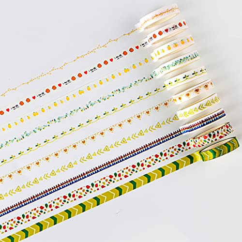 Washi Tape Set 10 Rollen Buntes Klebeband Masking Tape Kinder für Bullet Journal, DIY Handwerk, Geschenkverpackung Scrapbooking,Party Decorations, Grün/Rosa/Gelb Basic Color DIY Papier Tape(8mm ×3m)