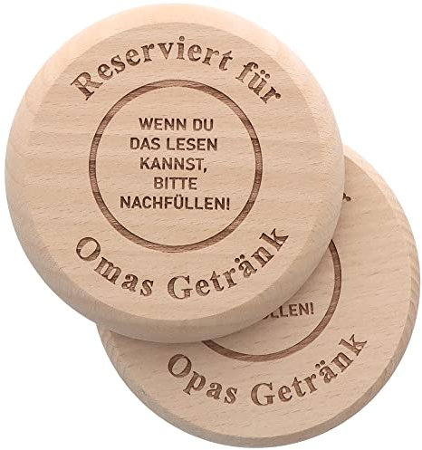 Spruchreif | 2er Set Untersetzer aus Holz | 2in1 Untersetzer & Deckel mit Gravur „Reserviert für Omas Getränk“ & „Reserviert für Opas Getränk“ | Lustiges Geschenk für Oma und Opa