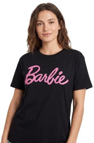 Barbie T-Shirt Donna a Maniche Corte con Logo Classico Rosa in Nero | Marchio iconico Top di Design alla Moda per Le Donne | Comfortable Fit Stylish Retro Tee Movie Merchandise Regalo