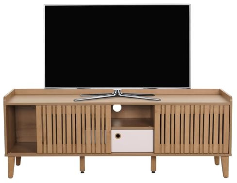 Meuble TV HWC-M48, Buffet Bas Armoire TV, Porte coulissante 56x150x40cm - Naturel, Tiroir Blanc