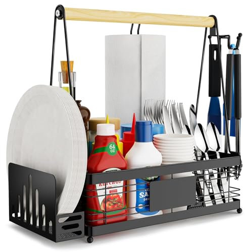 GUIBUKEYAN Grill Caddy with Plate Holder and Paper Towel Holder, Picnic BBQ Condiment Utensil Organizer Caddy for Outdoor Cooking, Rv, Camping Essential, Camper Must Haves, Grilling Gifts for Men