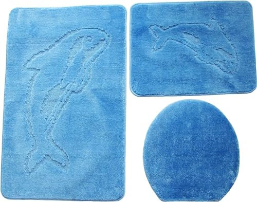 Ilkadim Export 3-teiliges Badset Gökyildiz Delphin einfarbig, Badteppich 55x85cm, WC-Vorleger rechteckig für Hänge-WC (hellblau)