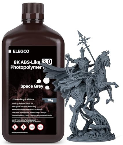 ELEGOO 8K ABS-Like Resin 3.0, UV-Härtendes 3D Resin mit Hohe Präzision, Nicht Spröde, Verbesserte Festigkeit und Zähigkeit für LCD/DLP 3D Drucker Photopolymer Harz Raumgrau 2000g