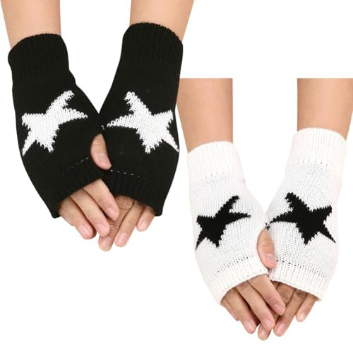 UUYYEO 2 paia di guanti invernali senza dita a forma di stella, alla moda, scaldamuscoli a mezze dita, guanti lavorati a maglia, manicotti punk, Nero e bianco, 20 x 8cm (L x W)