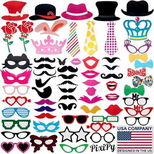 Photo Booth Props - 66 Piece Multicolor Kit - Fun Selfie Party Accessories - Mustaches, Hats, Lips & More - by PixiPy