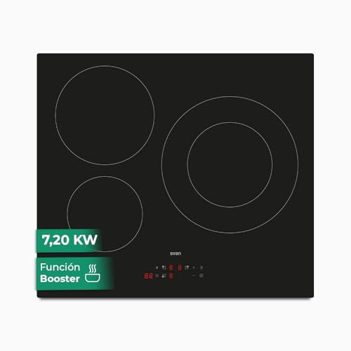 Svan Placa de Inducción Cristal negro SI3601. Potencia máx. 7200 W, 3 Zonas de Cocción, 9 Niveles de Cocción, Control Táctil, Función Turbo, Bloqueo y Autodesconexión de Seguridad