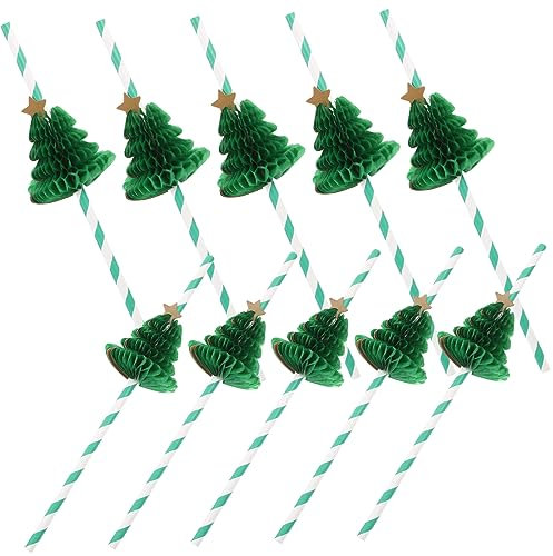 ULDIGI 10stücke Teiliges Papierstrohhalme Mit Grünem Weihnachtsbaum-honigwaben-design Bunte Festliche Papier-trinkhalme Für Party Getränke Wie Saft Tee Kaffee Geeignet Für Weihnachten Und