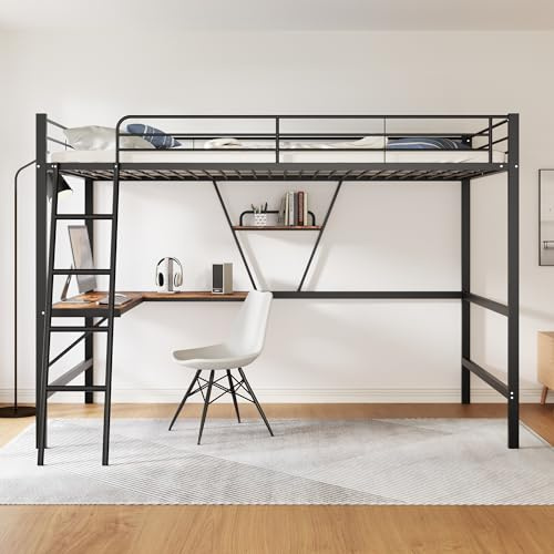 Moimhear Hochbett, 90x200cm Bettgestell Metallbett, Eisenbett, Hochbett mit L-förmigem Schreibtisch und einem Regal für Kinder, Jugendliche und Erwachsene, Ohne Matratze (schwarz)