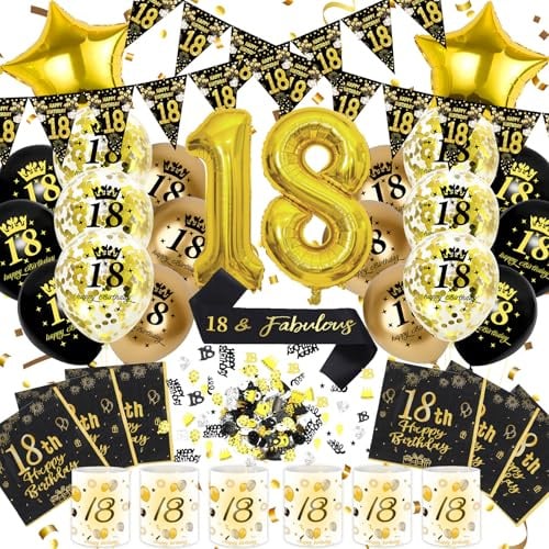 18 Geburtstag Deko Jungen Mädchen, Schwarz Gold Zahlenballon 18. Geburtstag | Geburtstagsdeko 18 Jahre, Schwarz Gold Party Deko, Happy 18th Birthday Banner, 32 Zoll Zahlenballons, Schärpe und Ballons