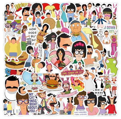 55 Stück/Packung Bobs Burgers Aufkleber, wasserdichte Vinyl-Anime-Aufkleber, Aufkleber für Laptop, Wasserflasche, Gitarre, Reisegeschenk für Kinder, Teenager, Erwachsene, Mädchen, Jungen