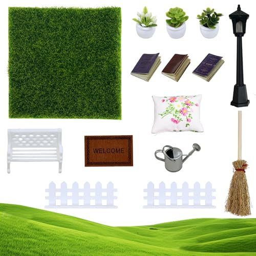 15 pcs Miniatur Garten Zubehör, Möbel Deko Wchtel Puppenhaus Zubehör, Mit Rasen, Topfpflanzen, Gießkannen, Geländern, Besen, Stühlen, Kissen, Büchern, Teppiche, Straßenlampen,Wichtel Teppichsatz Set