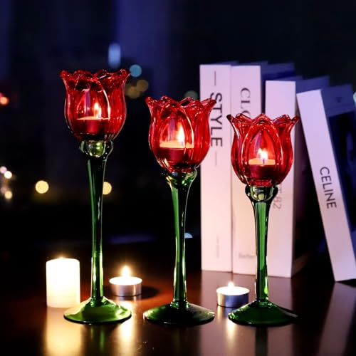 Vohocandle Teelichthalter mit roter Blume, Geschenke für Weihnachten, Feiertage, rote Teelichthalter, Glas für Valentinstagsdekorationen, Tulpen, Teelichthalter, Glasdekor für romantische Tischplatte