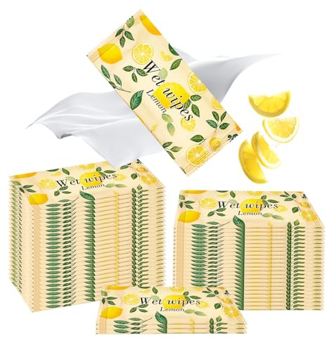 50 Stück, Erfrischungstücher, Feuchtes Toilettenpapier Einzeln Verpackt, Einzeln verpackte Feuchttücher, Hautfreundlich, Wipes Ideal für Reise, Büro & Unterwegs, Zitrone