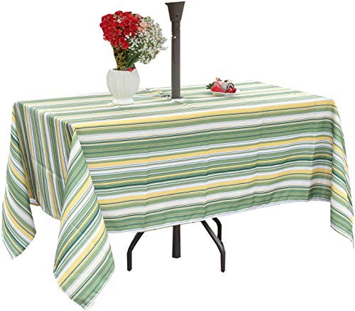 Eternal Beauty Nappe rectangulaire à rayures vertes et jaunes - 152 x 213 cm - Résistante aux éclaboussures avec trou de parasol et fermeture éclair - Pour terrasse, jardin, fête et barbecue - 152 x