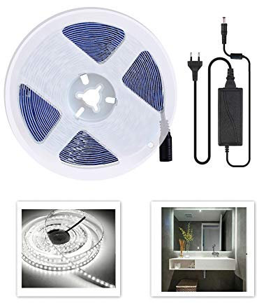 Arote 12V 5M LED Streifen Set 600LEDs Kaltweiss 6000K Lichtband mit Netzteil,2835SMD Strip Kit Licht Leiste Lichtleiste,DIY Flexibel LED Band Innenbeleuchtung für Deko Party Küche Weihnachten kaltweiß