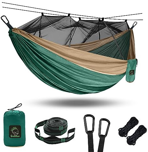 Camping Hängematte mit Moskito/Bug Netz, Tragbare Fallschirm Nylon Hängematte mit 10ft Hängematte Baumriemen 17 Schlaufen und einfache Montage Karabiner, für Camping, Rucksackreisen, Reisen, Wandern