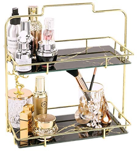 Simmer Stone Makeup Organizer Shelf, 2 Tier Cosmetic Storage Basket with Removable Glass Tray, Wire Vanity Organizer Rack for Dresser, Countertop, Bathroom and More, Gold