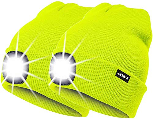 ATNKE 2Pcs Neue Warme LED beleuchtete Mütze,Unisex USB wiederaufladbare Laufmütze Ultra Bright 4 LED wasserdichte Lichtlampe Mehrfarbig/Fluorescent Yellow