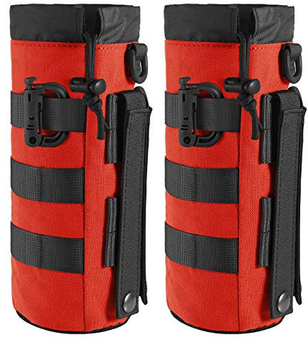 FRTKK Tactical MOLLE Water Bottle Pouch with Drawstring Open Top & Mesh Bottom, Military Water Bottle Holder Bag Sports Travel Hydration Carrier (Red-2 Pack)