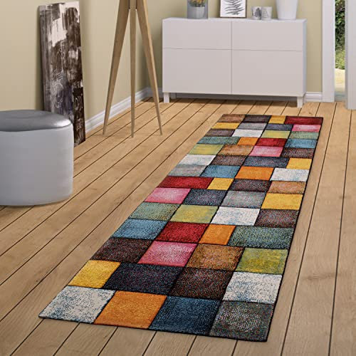 TT Home Wohnzimmer Teppich Bunt Kurzflor Wohnzimmerteppich Meliert 3D Optik Geometrisch, Farbe:Bunt, Größe:80x300 cm