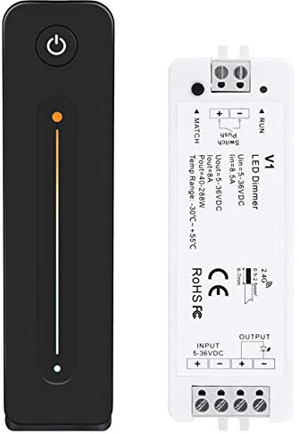 Hacbop 363805 LED Dimmer 12V 5V 24V 36V 8A PWM RF Switch with 2.4G Brightness Adjustment Contact Remote for Led Single Color Strip, White & Black