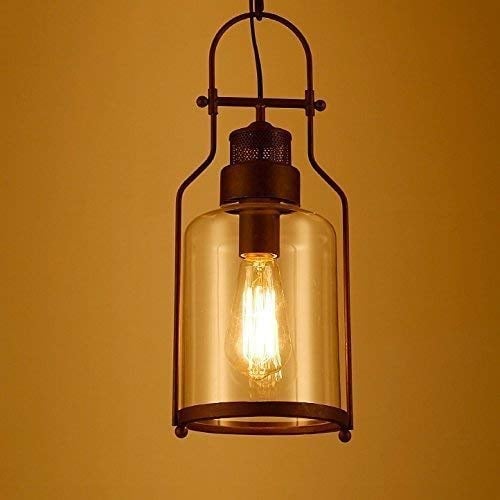 LHTCZZB American Retro E27 Edison Iron Restaurant Kitchen Island réglable Lampe suspendue Lustre Lustre en verre industriel Rusty Vintage 1 Light Metal Lantern Suspension Lumière