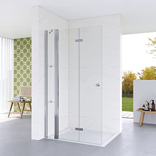 Walk-in Duschwand Glas 90 cm breit Duschtür an Festteil mit Eckablage Duschabtrennung faltbar Falttür Begehbare Dusche Duschtrennwand aus Sicherheitsglas (ESG) 5 mm | Öffnungsseite OHNE Wandprofil