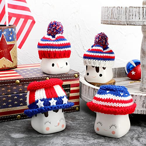 Marshmallow-Tasse Hut Häkeln Tasse Topper Hut Mini Tasse Dekorative Hut Abdeckung für patriotischen Unabhängigkeitstag Kaffee Kakao 4. Juli Tasse Etagere Tablett Dekoration, 4 Stück