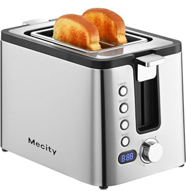 Mecity tostador de 2 rebanadas de acero inoxidable con temporizador de cuenta regresiva, funciones de bagel/descongelación/recalentamiento/cancelación, estante de calentamiento, bandeja extraíble, 6