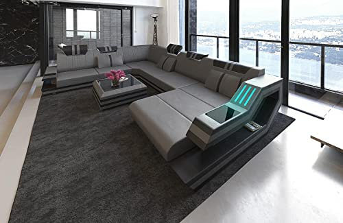 XXL Sofa Wohnlandschaft Ravenna Ledersofa U Form - mit LED Beleuchtung, verstellbare Kopfstützen, Recamiere/Lederfarben wählbar/Ausrichtung wählbar (Ottomane rechts, Grau-Schwarz)