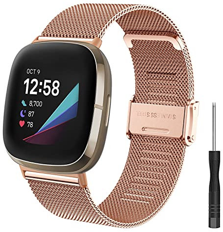 Fitbit Armbänder: Mesh Gewebte Edelstahl Armband Metall Uhrenarmband Ersatzband für Männer und Frauen, Kompatibel mit Versa 4, Versa 3, Sense 2 und Sense