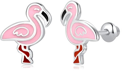 Mädchen Ohrringe 925 Sterling Silber Post Hypoallergene Schraubverschluss mit Sicherheit ohrstecker versch Ohrringe für Kinder Mädchen Damen Schmuck (Flamingo)