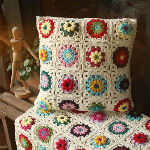 MOCOFO Cojín de ganchillo suave hecho a mano (sin núcleo de almohada), moderno estilo bohemio tridimensional funda de cojín de sofá floral 40 x 40 cm