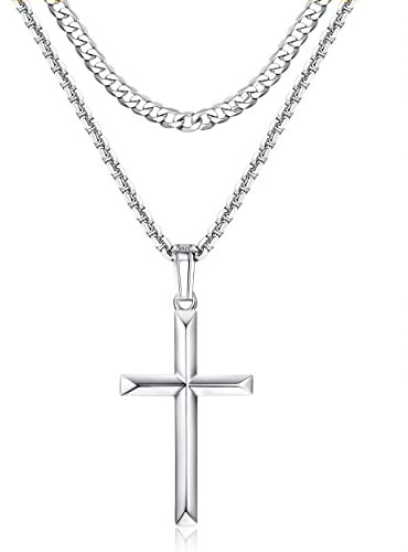 Roheafer Croix Pendentif en argent sterling 925 pour Homme et Femme avec Chaîne Cubaine en Acier Inoxydable de 5mm et Chaîne en Boîte Collier Croix Or/Argent pour Homme Bijoux 46-56cm