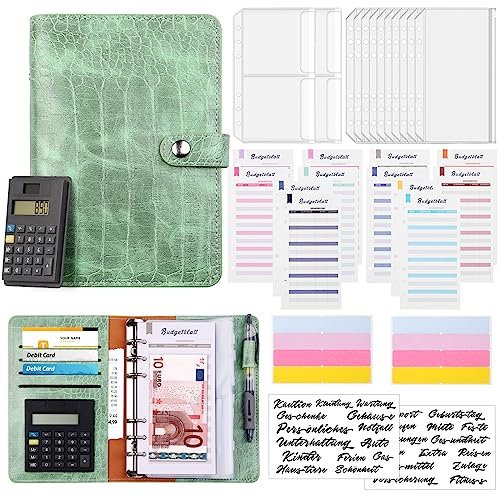 A6 Budget Binder mit Taschenrechner Budget Planner Deutsch, Lederbudget Binder Geld Organizer mit 12 Bargeldumschlägen und Budgetblättern (Grün)