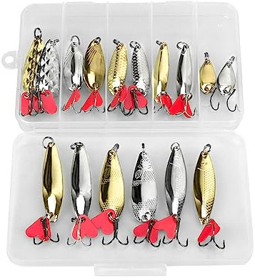 DONQL 16Pcs Leurre Peche Carnassier,Leurre Truite,Cuillères De Pêche Leurres,Appâts en Métal leurres de pêche durs en métal avec hameçons triples pour Truite saumonée Bass brochet(Set C - 16 pièces)
