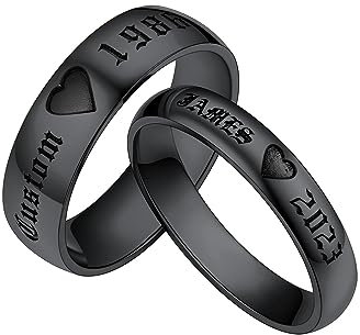 Custom4U 2x Paar Ringe Personalisierte Verlobungsringe Freundschaftsringe schwarz mit Gravur 4mm/6mm breit Schlichter Liebe Herz Partnerringe für Sie und Ihn Geschenke