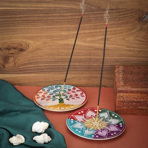 Ajuny Handgefertigte Räucherstäbchenhalter aus Marmor mit Lebensbaum & Blumenschnitzerei – Perfekter Räucherturm zum Verschenken Heim und Küchendekor Aschefänger Räuchergefäß – 5 Zoll, 2er-Set