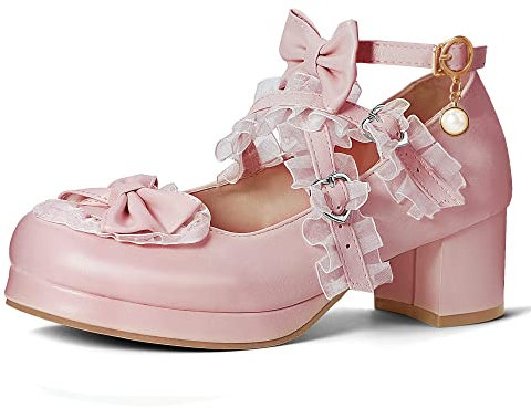 elerhythm Mary Jane - Scarpe da donna con plateau e tacco largo, carino, per cosplay, kawaii, con fiocco, in pizzo, con lacci incrociati, punta rotonda e cinturino alla caviglia, Rosa 1, 38 EU
