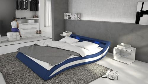 INNOCENT® Designer Bett B-907-ACCENTOX | Polsterbett Bettrahmen | Farbe Stoff Blau/PU Weiss, Größe 200x200