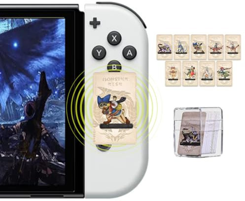 Set mit 9 Mini-NFC-Karten, kompatibel mit Monster Hunter Rise on Switch. Enthalten sind Magnamalo, Palamute und Palico
