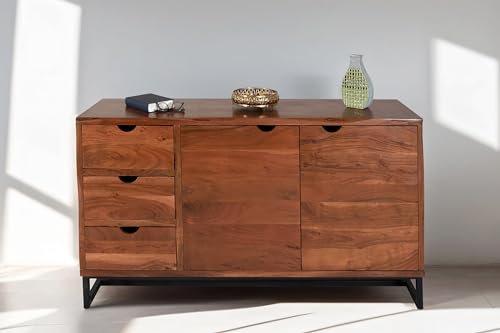 SAM Sideboard Sukhothai I, Akazienholz massiv & nussbaumfarben, Kommode mit 2 Holztüren & 3 Schubladen, Grifflos, 145 x 40 x 80 cm