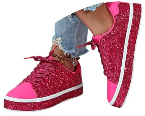 ticticlily Damen Pailletten Sneaker Frauen Glitzer Sneaker Slip On Sportschuhe Laufschuhe Canvas Walkingschuhe Freizeitschuhe K Rose Rot 40 EU