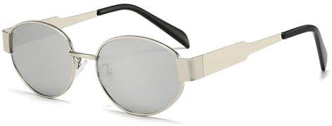 YAMEIZE Retro Ovaler Metallrahmen Sonnenbrille – für Damen und Herren, klassisch, rund, UV400-Schutz, kleine Brillen, Schatten für den Außenbereich, Silberfarben