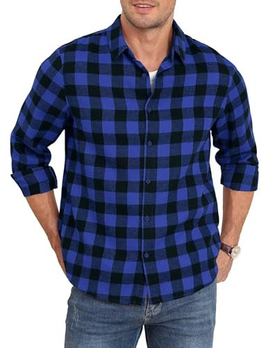 QUEZHU Chemise Flanelle Homme Chemise a Carreaux Homme a Manches Longues Hiver Chemise Coton Chaude Casual Regular Bleu M