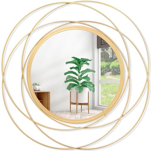 HLFMVWE Espejo de pared de metal decorativo con círculo dorado, pequeño espejo de pared redondo para el hogar, decoración de sala de estar, dormitorio, baño, entrada, 60 x 60 cm