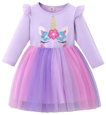 JiAmy Vestito Bambina con Ruches a Maniche Lunghe Cotone Stampa di Unicorno Sirena Abito Tulle Elegante Festa Principessa per Ragazze 6-7 Anni Viola